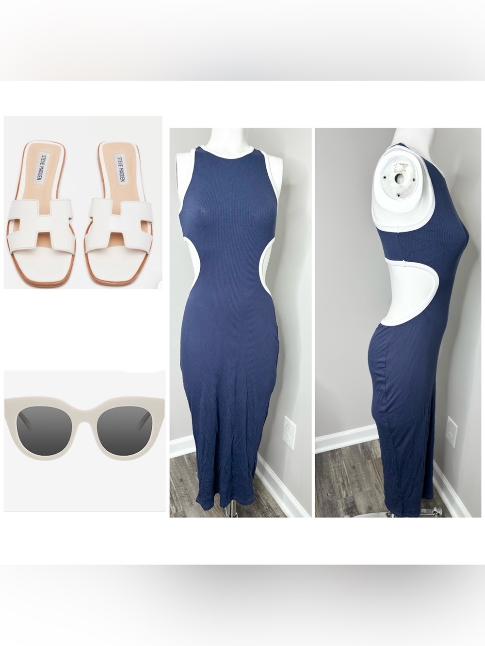 Navy Sleeveless Maxi Dress with White Cutout Panels- large